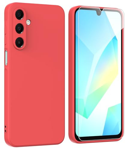 ARRYNN Funda para Samsung Galaxy A16 5G / 4G con Cristal Templado Protector de Pantalla,Ultra Slim Protectora Funda de Silicona Líquida Suave Case Cover - Rojodo