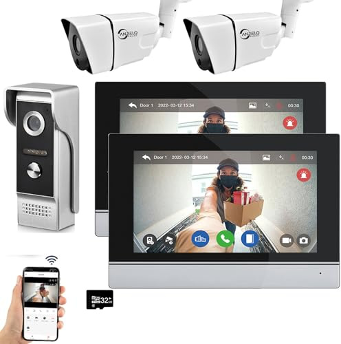 ANJIELO SMART Wired Video Intercom System Tuya WiFi 7 Inch Touch Screen 1080P Doorbell Camera Intelligent Tuya APP Intercom Kit with Motion Detection (1doorbell+2monitor+2camera)
