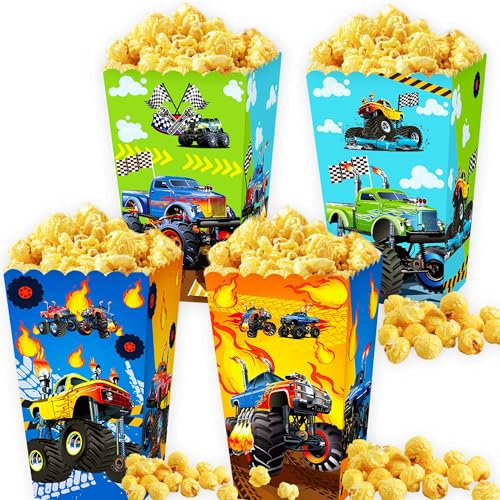 Roaring Good Time 12 Stück Monster Truck Party Popcorn Boxen Gastgeschenke Taschen Süßigkeiten Leckereien Taschen für Zerschlagen und Crash Dekoration Monster Truck Party Supplies Derby Geburtstag