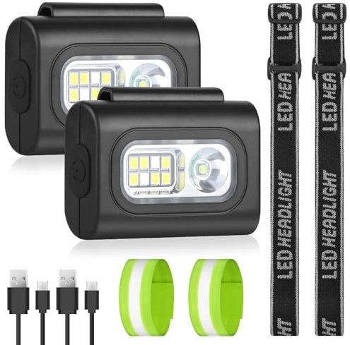 Adiwo 2Pcs LED Clip Lampe, Wiederaufladbar Kleinstirnlampe Brustlampe Sicherheitslicht Laufzubehör, Für Joggen,Angeln,Camping,Wandern,Mit verstellbarem Gummiband Reflektierendes Armband