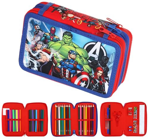 Avengers gefülltes Federmäppchen für Kinder - 3 Reißverschlussfächer mit Buntstiften, Bleistiften, Lineal, Schere & mehr - Avengers Schreibwaren Set für Jungen & Mädchen - Schulbedarf Federmäppchen