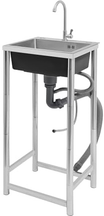 banborba Fregadero para exteriores, acero inoxidable, 45 x 41 x 75 cm, lavabo móvil, fregadero comercial de acero inoxidable con grifo, fregadero independiente 1 lavabo para garaje, restaurante