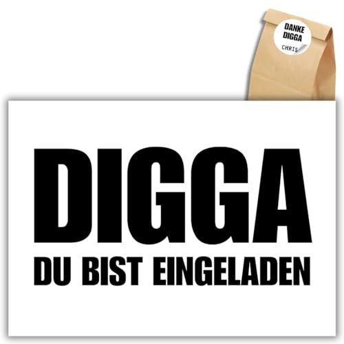 celebr8te 12x lässige Geburtstagseinladungen - DIGGA Einladungskarten für Kindergeburtstag Jungen - Teenager Party Einladungskarten +12 Sticker +12 Geschenktüten