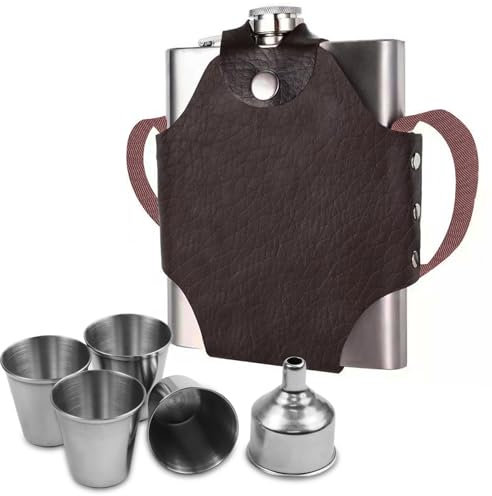 PIWOSGOL Edelstahl Flachmann mit Trichter und 4 kleine Tassen 532 ml/18oz XL Flachmann Set aus Edelstahl mit Braun Kunstledertasche mit Riemen für Whiskey, Rum, Wodka, Geeignet für Wandern und Party