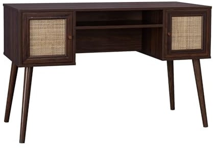 Alice's Garden sweeek - Bureau cannage et décor Bois foncé avec 2 Portes. 1 casier Ouvert. Pieds Compas