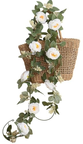 Aniyan Künstliche Blumengirlande mit Rosen und Efeu, 200cm Lange Kunstblumen Girlande für Hochzeit Deko, Balkon, Tür – Handgemacht, UV-Beständig (weiß)