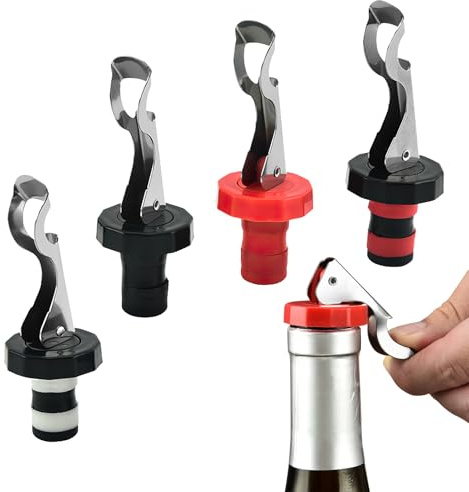 4 Pcs Wine Stoppers for Wine Bottles, Wine Bottle Stopper, Reusable Wines Bottle Corks, Lever-Arm Wines Stoppers, Rubber Stainless Steel Bottles Lid for Beverage Supplie Beer Spirits