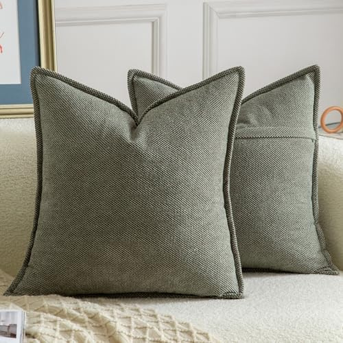 Madizz 2er Set Chenille Dekorativ Olivgrün Kissenbezüge Weiche neutrale Wurfkissen für Sofa Boho Akzent Zierkissenbezüge für Schlafzimmer Wohnzimmer Modernes Zuhause Dekor 45x45 cm