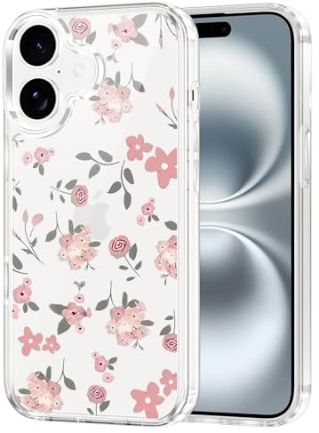 Yirlbey Cover per iPhone 16 6,1'', Clear Custodia Fiori Rosa Design Disegno Motivo Aesthetic per Ragazza Antiurto Resistente Trasparente Silicone TPU + PC Bumper Protezione Cellulare Case