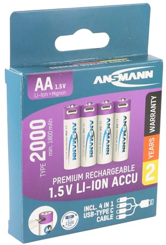 Ansmann Mignon AA Batterie lithium-ion 1,5 V, type min. 1800 mAh 2000 mAh, avec câble de charge USB-C 4 en 1, 4 blisters en papier