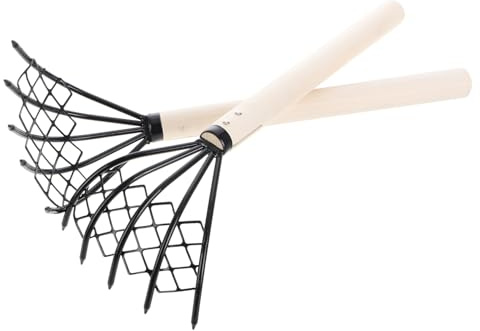 Gatuida 2piezas Rastrillo De Mano con Malla Fina Púas De Hierro Mango De Madera Antideslizante Ergonómico Herramienta Ligera para Excavar Mariscos Playa y Limpieza