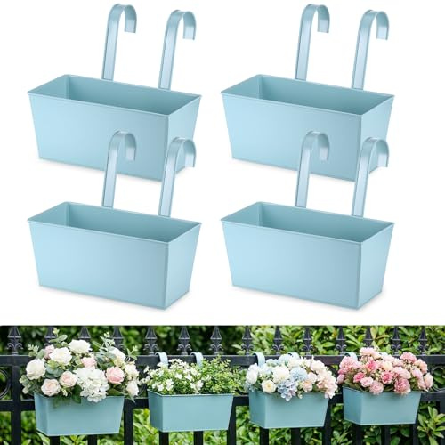 4 vasi da fiori sospesi per ringhiere e recinzioni, con gancio rimovibile | Fioriera da Ringhiera da 26 cm, Confezione da 4 Fioriere Sospese per Piante da Esterno (Verde)