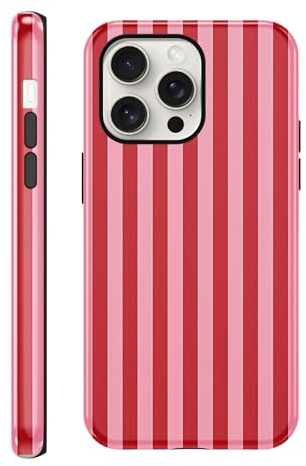 Coalbooliy Handyhülle Streifen für iPhone 15 Pro, Aesthetic Sommer Gestreift Striped Frauen Frühling Bunt Mädchen Muster 2 in 1 Case Silikon Schutzhülle Print Design Bumper Kratzfest Cover, Rot