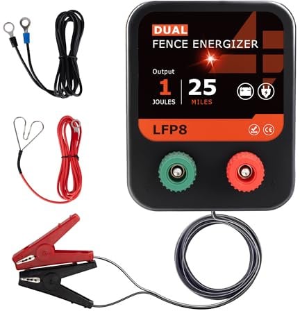 LFP8 12V Battery Powered Eletric Fence energiser, 1 Joule Output - 25 MIiles, Electric Fence Kit Includes Leads and Grounding Wire, DC Powered for Horse, cow, and other ainimals
