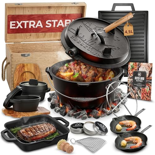 GUSSKÖNIG Dutch Oven Set 11-teilig – bereits eingebranntes Gusseisen Topf Set – Bratpfanne, Grilltopf, Deckelheber, Untersetzer & Echtleder-Griffschutz + Rezeptbuch & Pflegepaste – 30 Jahre Garantie