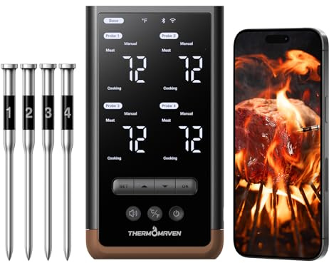 ThermoMaven Smartes Fleischthermometer Kabellose mit Basisstation, Bluetooth & WLAN, 4 Fühler, 6 Sensoren, NIST-zertifiziert, große, stabile WLAN-Reichweite, für Smoker, Backofen & BBQ, Braun