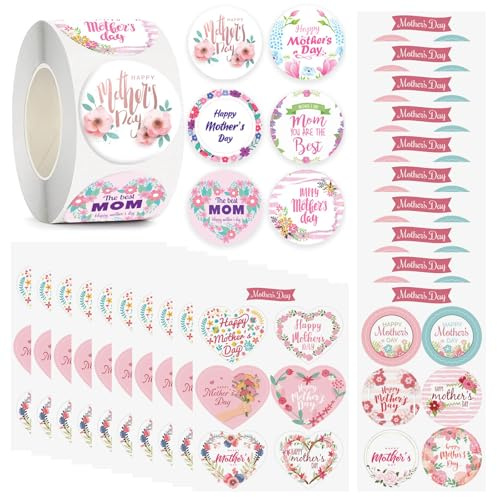 ZXTGBQ 620 Stück Aufkleber zum Muttertag, Runde Herzförmig Fröhlicher Muttertag Anhänger Selbstklebend Floral Briefumschläge Aufkleber, für Die Dekoration von Umschlagkarten Geschenkboxen