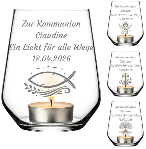 Personalisiertes Teelicht Glas mit Gravur zur Kommunion - Windlicht mit Name Datum & Wunschtext - Konfirmation Firmung Taufe - Geschenk für Mädchen & Jungen - Text bis 4 Zeilen