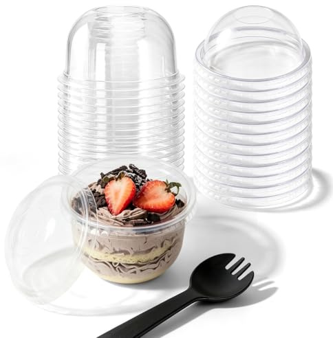 PRITOK 100-Pack Dessert Cups with Dome Lids and Spoons: 250ml Plastic Parfait Cups, Clear Plastic Cup, Cheesecake Pots for Fruit and Ice Cream Parties and Pudding Mousse Party Weddings Yogurt