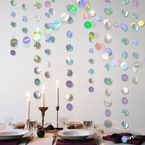 52Ft Iridescent Circle Dot Streamer Garland Decorations, Rainbow Twinkle Paper Chains Backdrop for Disco Party Decorations, Birthday, Wedding, Hanging Stars Bunting