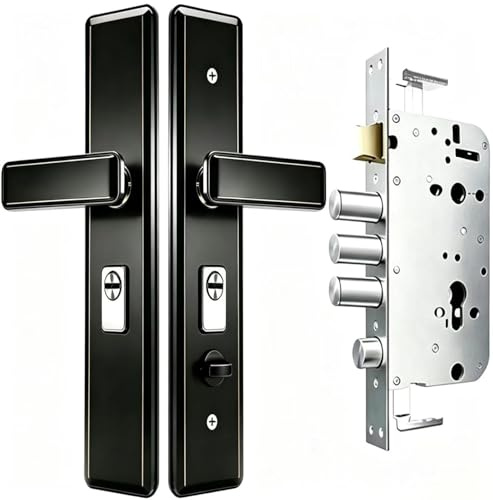 Serratura Antiscasso con Maniglia Reversibile, Set di Sicurezza per Porta D'Ingresso, Nera(B+in/Outside Open)