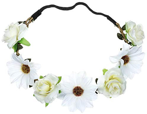 Xmiral Women Headband Cloth Sunflower Rose Hair Band Lady Fresh Flower Portrait Photo Holiday Wedding Band (S,White)