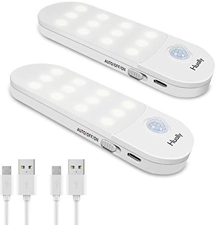 LED Nachtlicht mit Bewegungsmelder,Hually LED Licht [2 Stück] USB Aufladbare Nachtlampe Schranklicht mit 3 Modi (Auto/ON/OFF),Praktischer eingebauter Magnet Orientierungslicht für Küche,Stair,Flur usw