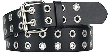 Grommet Leather Belts for Women, Black Belt Women Men - Double Studded Holes-S