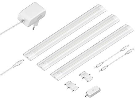 ledscom.de Luce sottopensile a LED SIRIS bianco opaco con dimmer touch, piatto, ogni 30cm, ogni 368lm, bianco caldo, set di 3