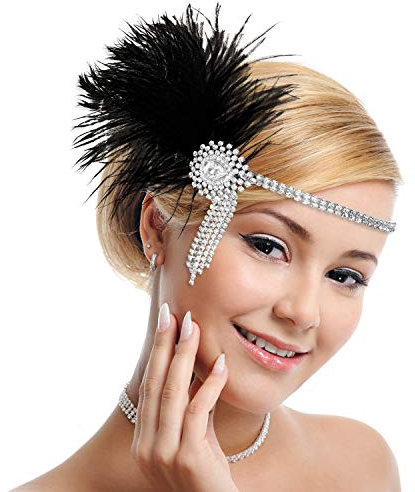 MWOOT 1920s Feder Stirnband für Mädchen,Vintage Haarbänder Schwarze Feder Headpieces Art Deco Inspiriert von Great Blinkende Kristalle Haarband
