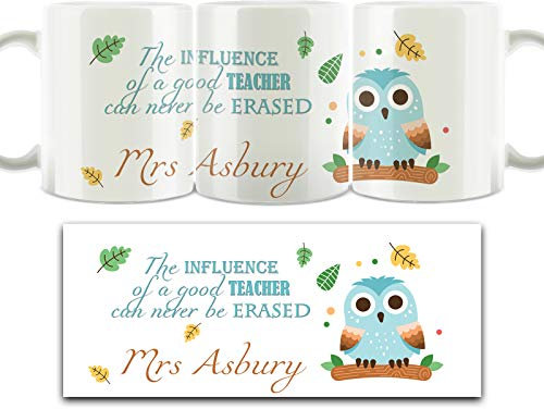 Hairyworm Personalised Belgian Milk Chocolate/Hot Chocolate Stirrer Marshmallow Gift Set, 11oz White Mug with Name, Good Teacher Blue Owl Design, School Teacher Mug