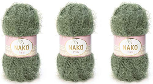 NAKO Paris Strick- und Häkelgarn, Acryl-Mischung, 3 Knäuel (300 g), 45 Khaki
