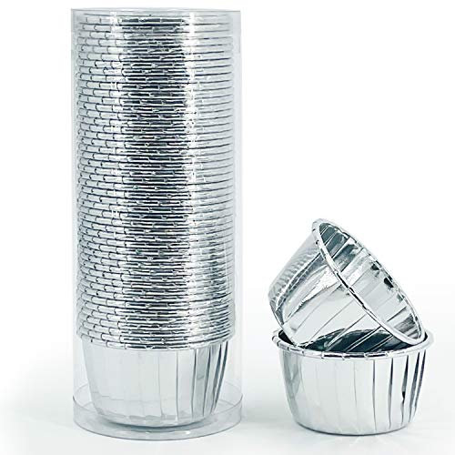Party Hippo Cupcake Cups, 3.5 Oz 50 pcs Disposable Foil Muffin Liners, Gold Cupcake Baking Cups, Ramekin Aluminum Cupcake Tip Pan Ramekin Holders, Little Baking Cups (Sliver)