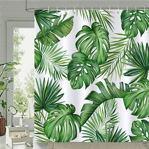 Bonhause Tropical Leaves Shower Curtain 180 x 180 cm Green Palm Leaf Bathroom Curtain Mildew & Mould Resistant Polyester Fabric Bath Curtain with 12 Hooks