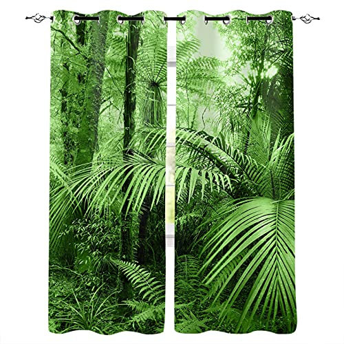 LKCD Vorhänge Für Kinderzimmer Jungen - Grün Dschungel Pflanzen Bäume 2 Stück Kinderzimmervorhänge Mit Ösen, Verdunkelungsvorhang Für Kinderzimmer 200X160CM