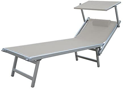 TEMPO STYLE - Lettino Mare Professionale in Alluminio L-Mediterraneo | Pieghevole con Tetto Parasole, Rivestimento in Textilene, Ideale per Spiaggia, Piscina e Giardino (Grigio/Alluminio)