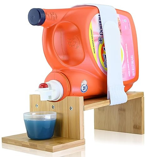 Skywin Wood Laundry Detergent Holder | Wood Soap Dispenser | Wood Laundry Bottle Stand | Wood Laundry Detergent Cup Holder & Drip Tray Catcher Great as Laundry Soap Organizer for Your Laundry Station