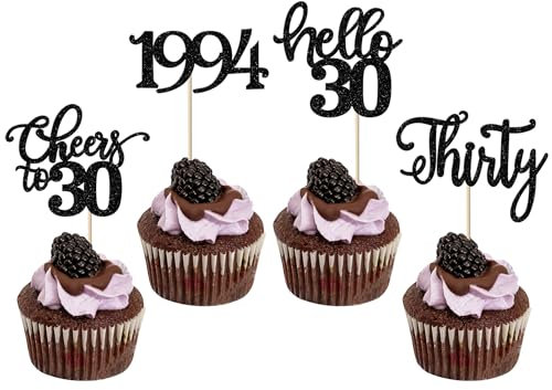 24 Stück 30 Geburtstag Cupcake Toppers Glitter Thirty seit 1995 Prost auf 30 Cupcake Picks Hallo 30 Jahre Geburtstagskuchen Dekorationen für glückliche 30 Geburtstag Jubiläum Party Schwarz