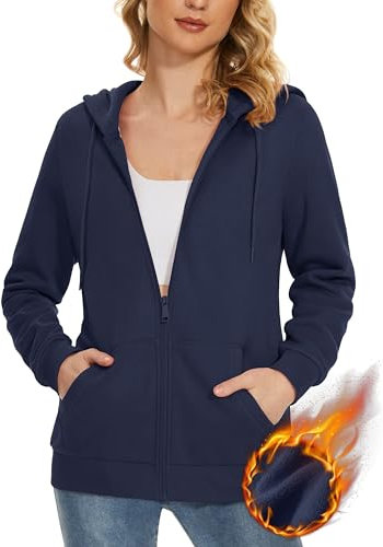 MAGCOMSEN Damen Kapuzenjacke Langarm Hoodie Winter Sweatshirt Wandern Fleecejacke Sport Outwear mit Reißverschluss Dunkelblau 48