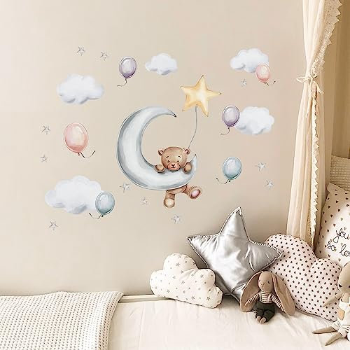 Tanlaby Bär auf der Mond Wandtattoo Stern Wolken Luftballon Wandsticker Wandaufkleber für Kinder Babyzimmer Wohnzimmer Schlafzimmer Kinderzimmer Hause Wanddekoration