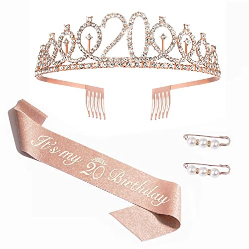 FAMIDIQGO 20. Geburtstag Mädchen Deko Schärpe und Tiara, 20. Geburtstag Deko Geschenke, 20 Geburtstag Mädchen Geschenke für Frauen zum Geburtstag Alles Gute zum