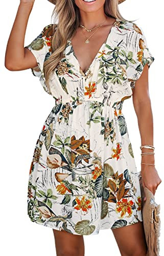 CUPSHE Women's Plunge V Neck Elastic Waisted Cover Up Set Split Short Sleeve Pull Over Mid Length Skirt White Floral S