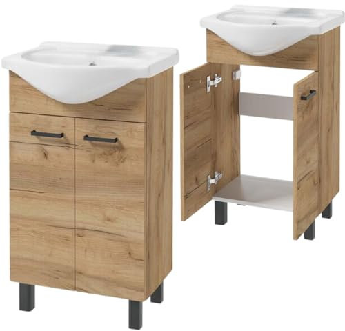Deftrans Domodomo - Armadietto da bagno con lavandino, 80 x 50 x 26 cm, in ceramica, colore: bianco e rovere