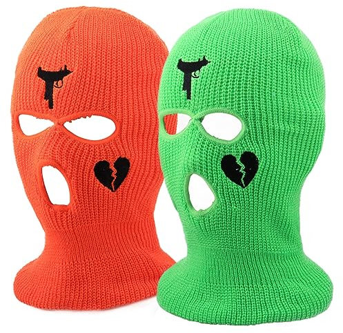 Rtrin 2 Stücke Skimaske, Winter Gestrickte Gesichtshaube, Warme Sturmhauben, Hals Gaiter, Motorradfahren, Winter Skifahren und Andere Draußen Aktivitäten Mütze für Herren und Damen - Orange und Grün