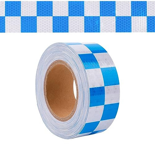 GORGECRAFT 5cm X 25m Reflektierendes Gefahrenwarnband Weiß Blau Kariert Hohe Intensität Wasserdicht Reflektor Sicherheitswarnstreifen Klebeband Outdoor-Aufkleber Für Fahrzeuge Outdoor Auto Anhänger