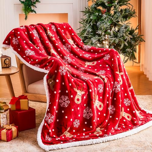Ramees Weihnachtsdecke, Weihnachtsdekoration, Decken und Überwürfe, flauschig, gemütlich, weich, warm, Fleece, Sherpa, Winterurlaubsdecke für Bett, Couch, Sofa, Rentier, Schneeflocken