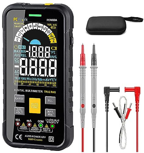 PCWork Profi Smart Multimeter Digital PCW03A, Multimeter 1000V, AUTO RANGE, TRUE RMS, Großes LCD Farbdisplay 9999 Counts, LED Buchsen Anzeige, Durchgangsprüfer, Strommessgerät, Kapazitätsmessgerät