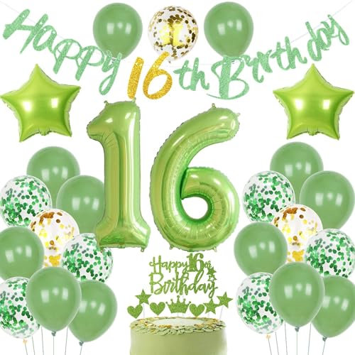 Grün Geburtstagsdeko 16 Junge, Grün 16 Geburtstag Deko Mädchen, Luftballons 16. Geburtstagsdeko Jungen 16. Geburtstag, 16. Mädchen Ballon, 16. Party Deko