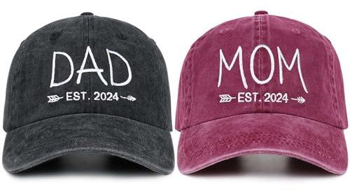 SaryHome Mutter- und Papa-Hüte für neue Eltern, Geschenke für Paare, bestickte, verstellbare Baseballkappen, Geschenk für neue Mutter, Papa, 02. Red Mom & Black Dad-2024-2, Einheitsgr��e