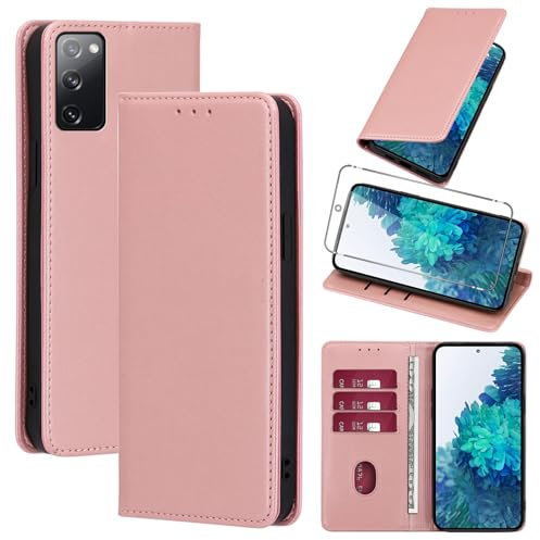 Vauki Coque Cuir pour Samsung Galaxy S20 FE 5G avec 1 Verre Trempé Etui à Rabat en PU Porte-Cartes Portefeuille Support Flip Housse Magnétique Antichoc Anti-Rayures Case 6.5,Rose-Gold